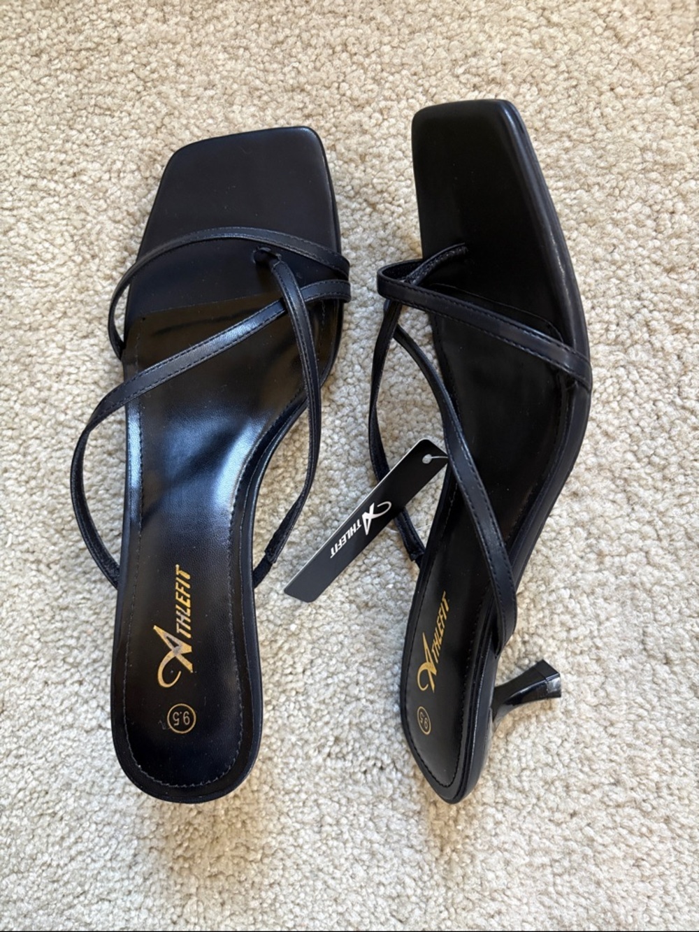 Black Strappy Square-Toe Sandals with Patent Leather Look Kitten Heel-Size 9.5